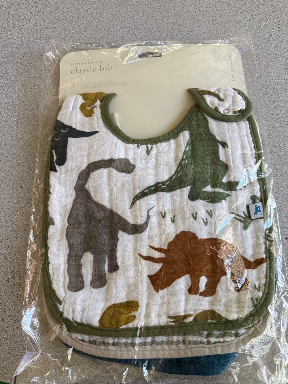 Classic Cotton Muslin Dinosaur Bib Set - Green Accent